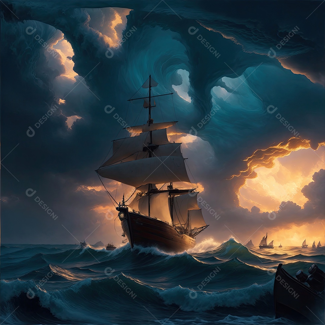 Pintura de paisagem de barco à vela com ondas do mar