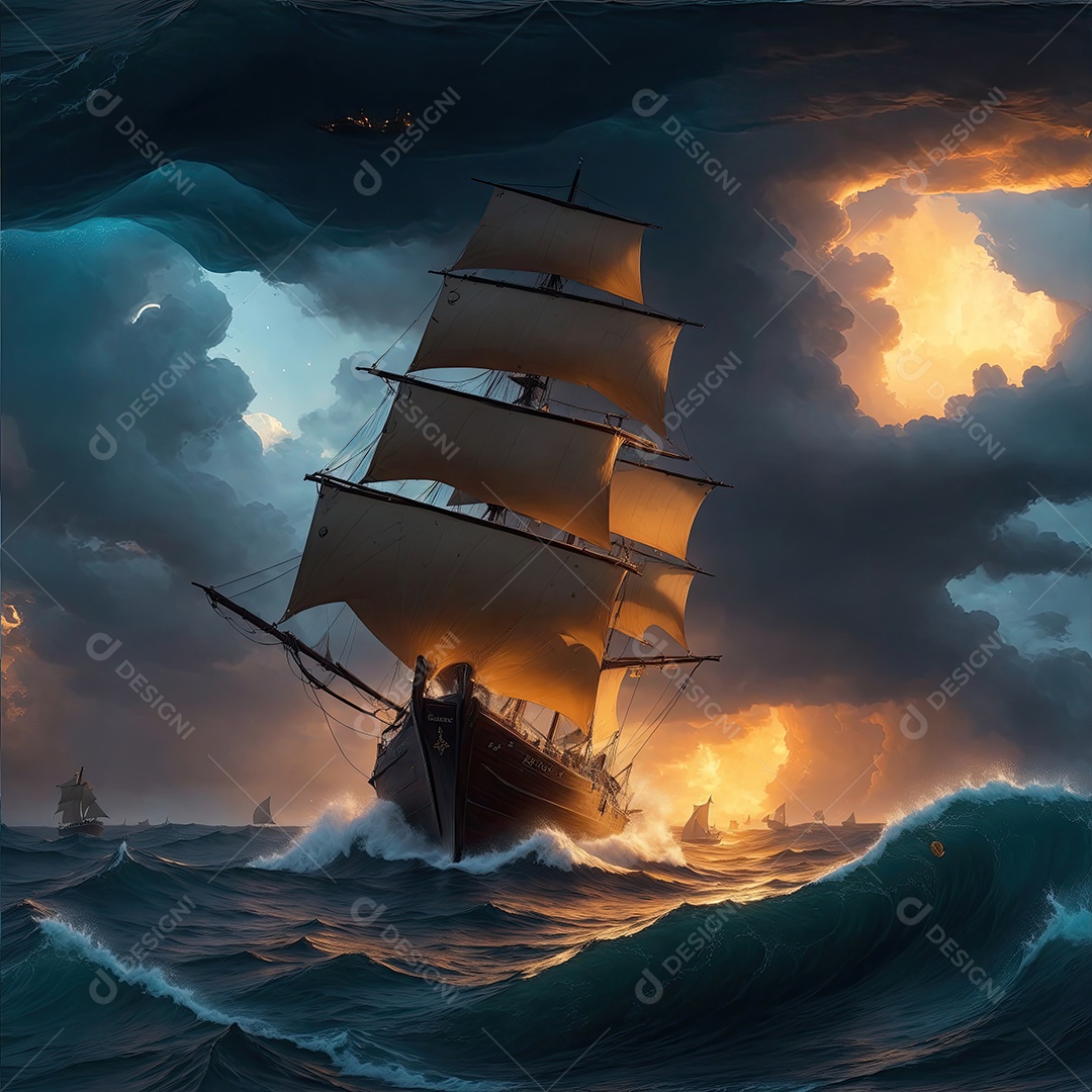 Pintura de paisagem de barco à vela com ondas do mar