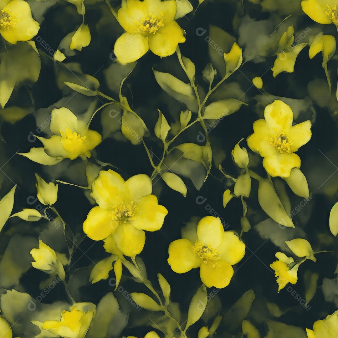 Flores amarelas com folhas verdes padrões sem costura em aquarela