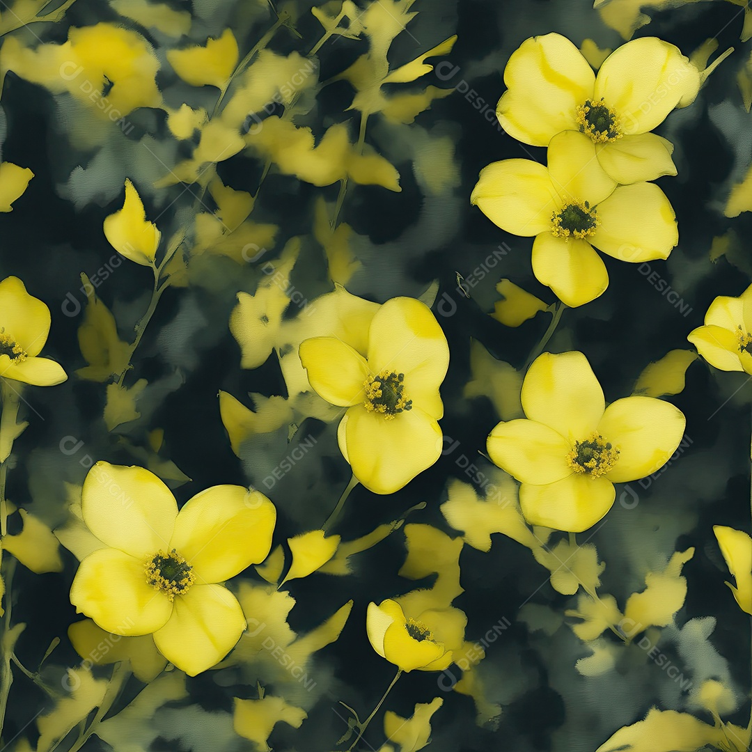 Flores amarelas com folhas verdes padrões sem costura em aquarela