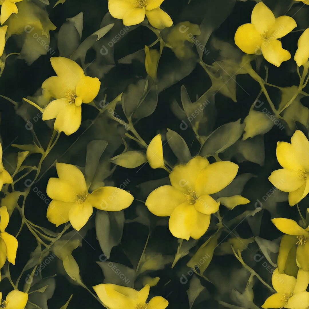 Flores amarelas com folhas verdes padrões sem costura em aquarela