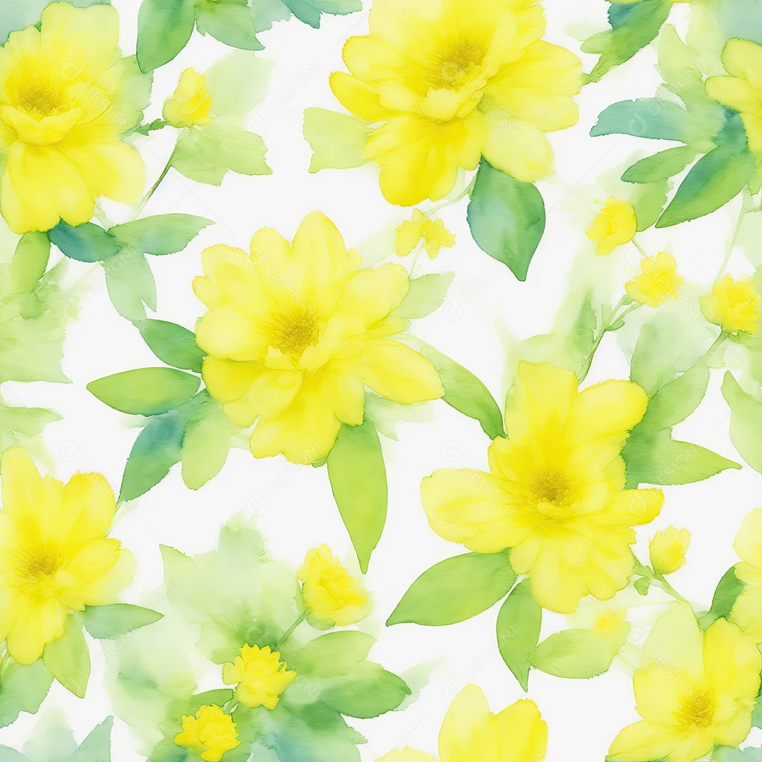 Flores amarelas com folhas verdes padrões sem costura em aquarela