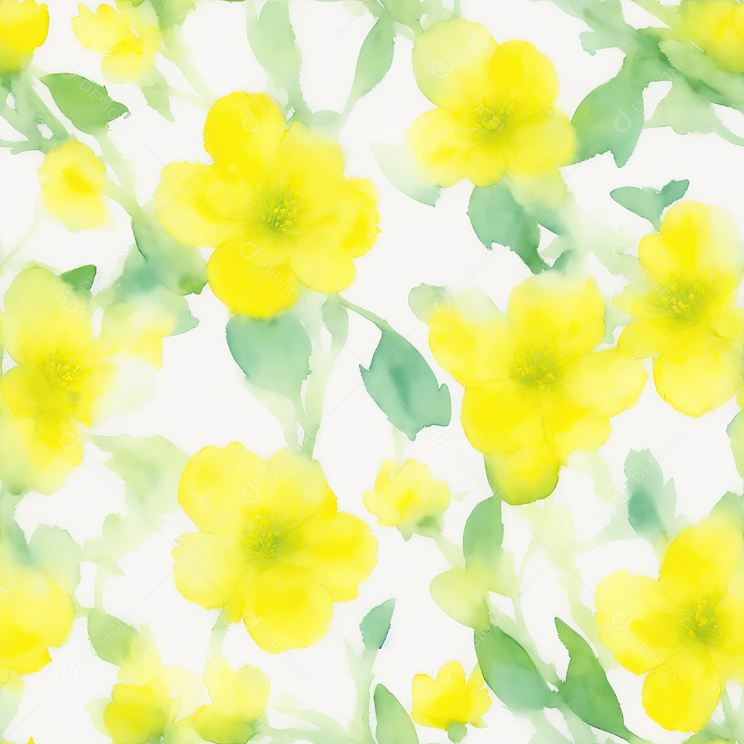 Flores amarelas com folhas verdes padrões sem costura em aquarela