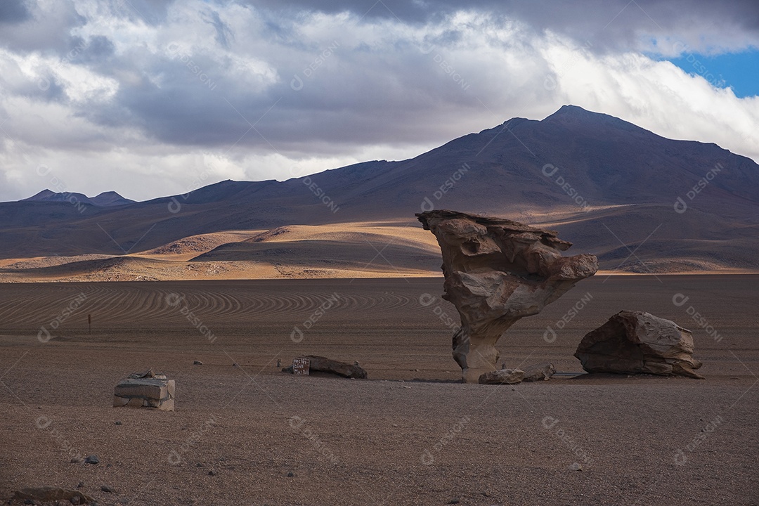 Arbol de Piedra árvore de pedra e montanhas ao fundo no deserto de Dali
