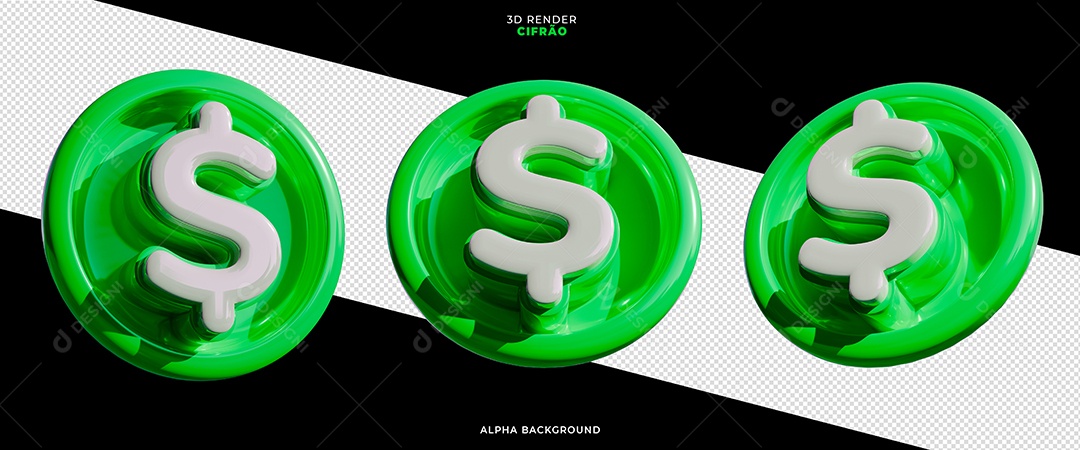 Cifrão Elemento 3D Verde e Branco para Composição PSD