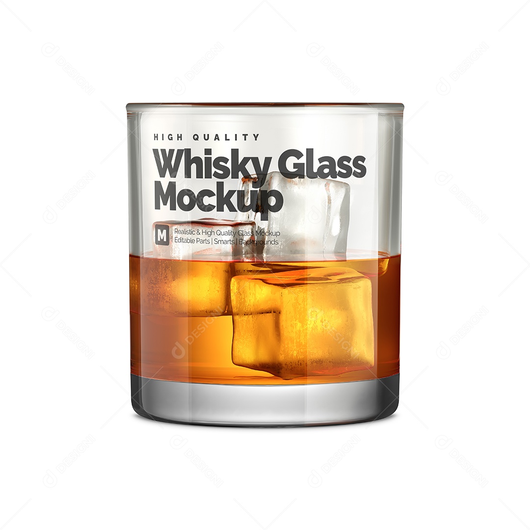 Copo de Whiskey com Cubos de Gelo PSD Editável Mockup