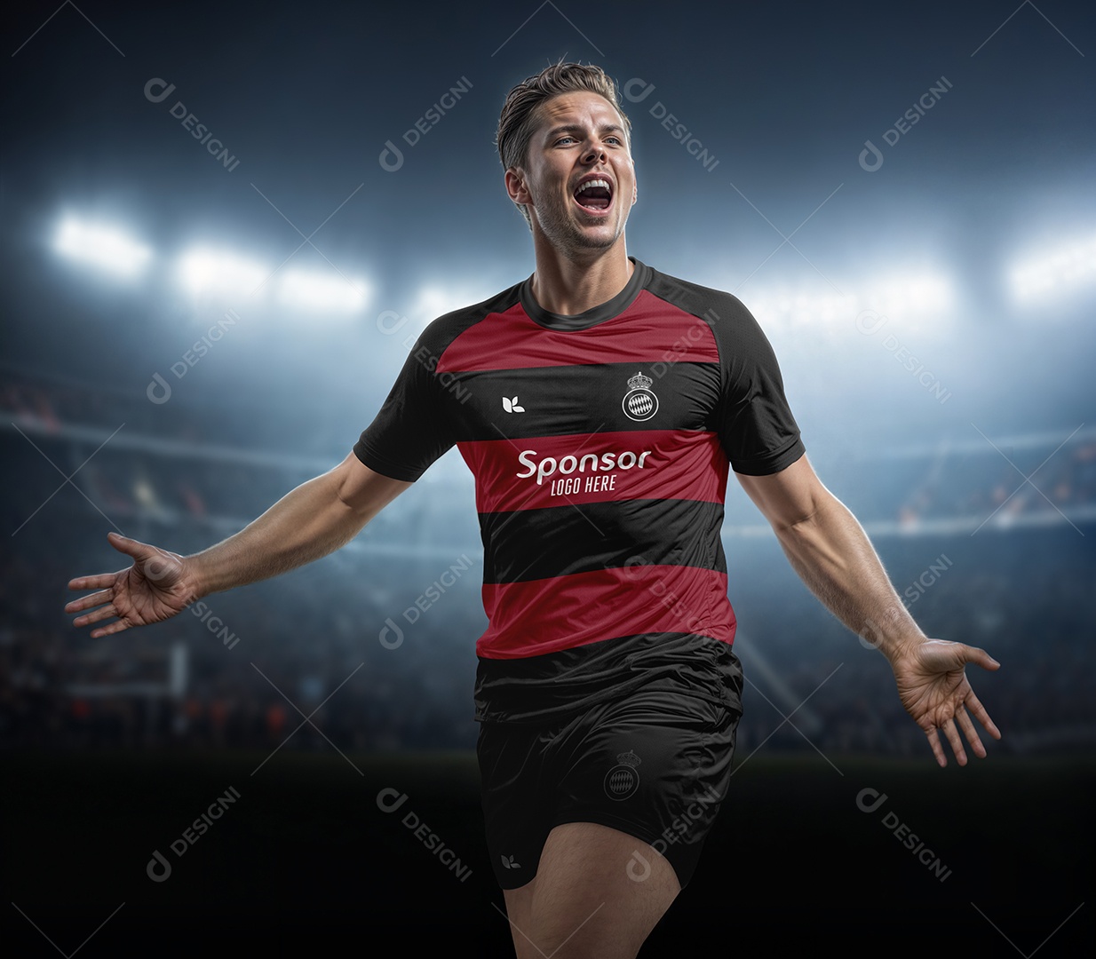 Jogador de Futebol Em Estádio PSD Editável Mockup