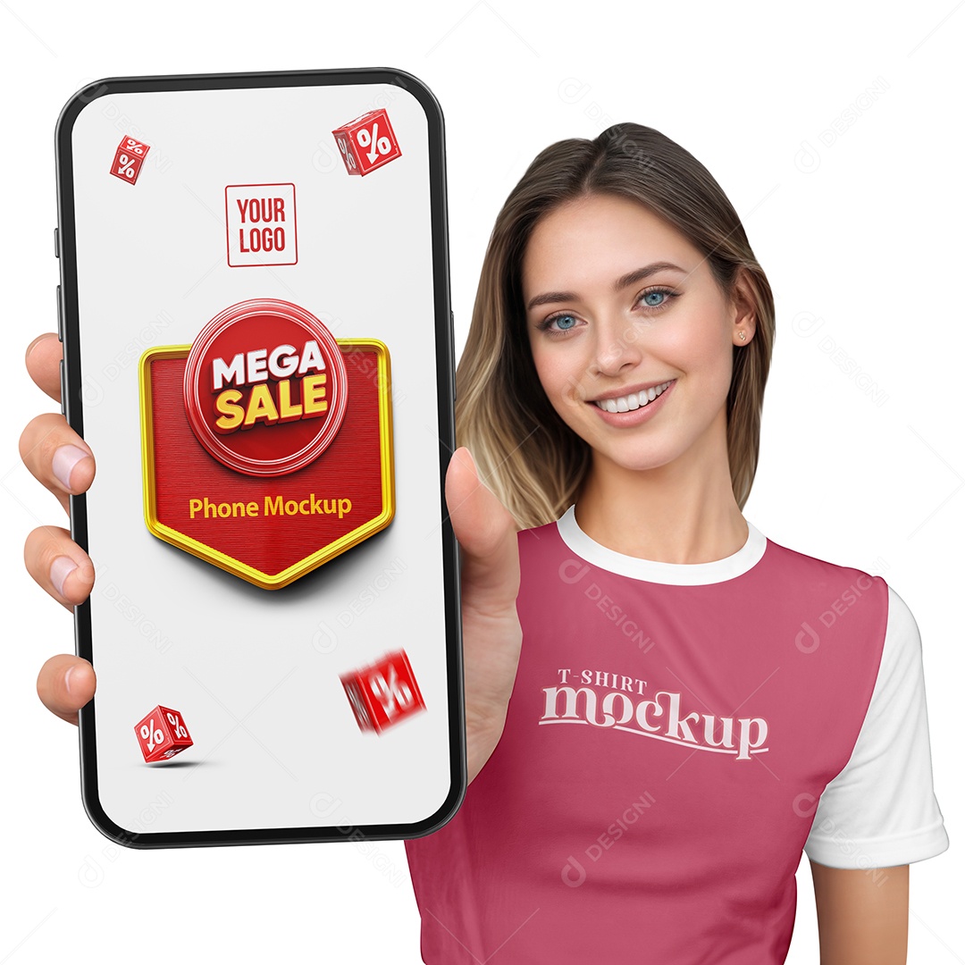 Mulher Segurando Celular PSD Editável Mockup