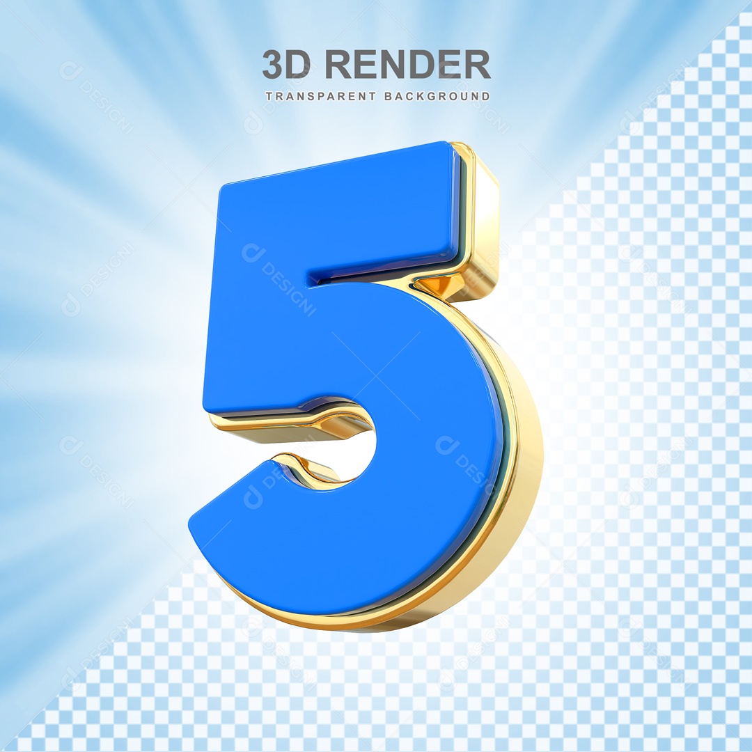 Número 3D 5 Azul e Dourado para Composição PSD