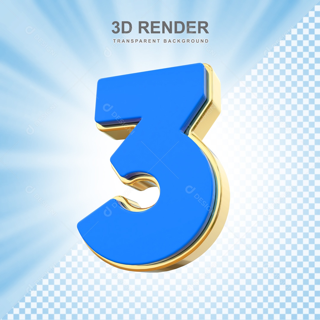 Número 3D 3 Azul e Dourado para Composição PSD
