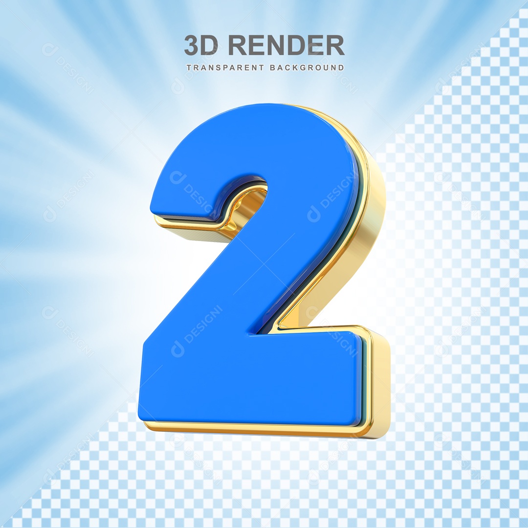 Número 3D 2 Azul e Dourado para Composição PSD
