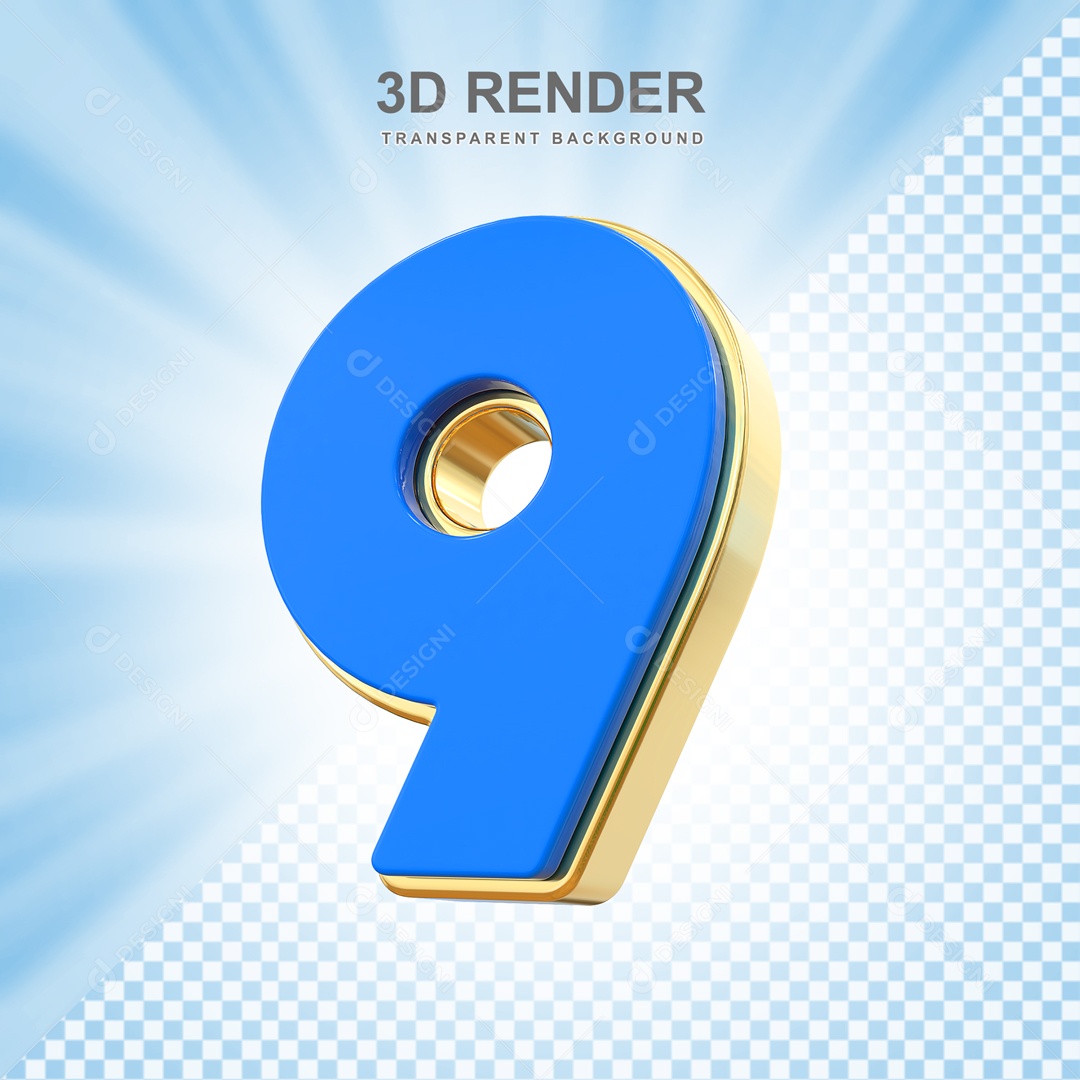 Número 3D 9 Azul e Dourado para Composição PSD