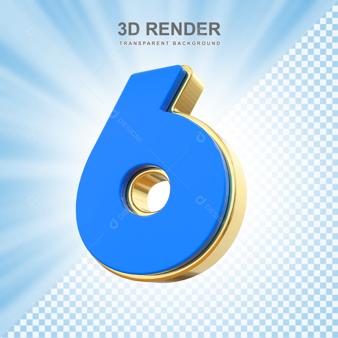 Número 3D 6 Azul e Dourado para Composição PSD
