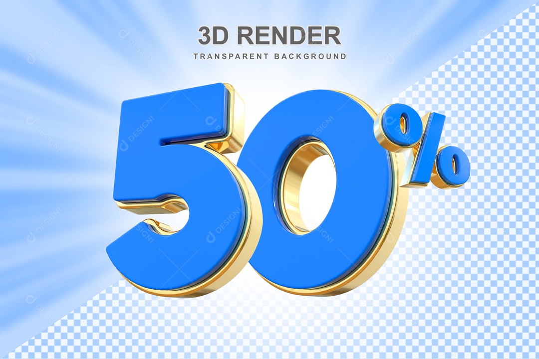 Desconto 50% Elemento 3D Azul e Dourado para Composição PSD