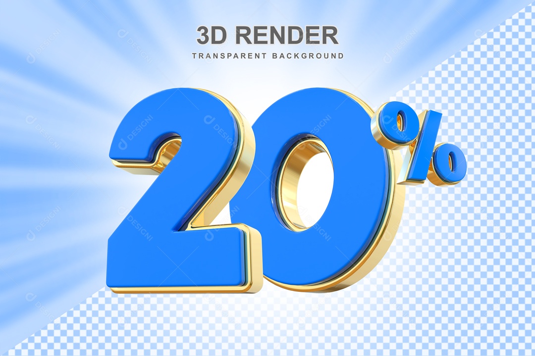 Desconto 20% Elemento 3D Azul e Dourado para Composição PSD