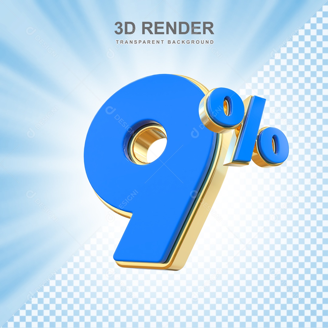 Desconto 9% Elemento 3D Azul e Dourado para Composição PSD
