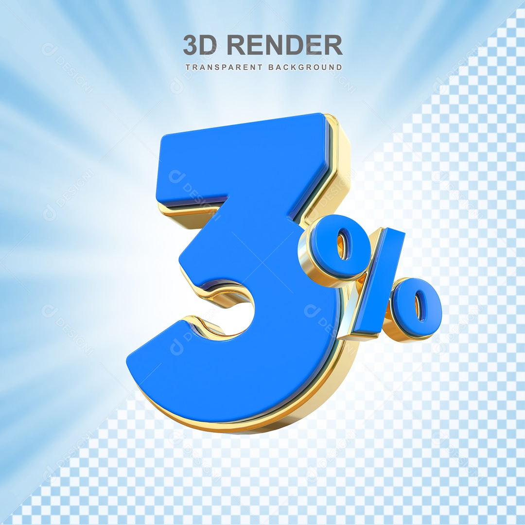 Desconto 3% Elemento 3D Azul e Dourado para Composição PSD