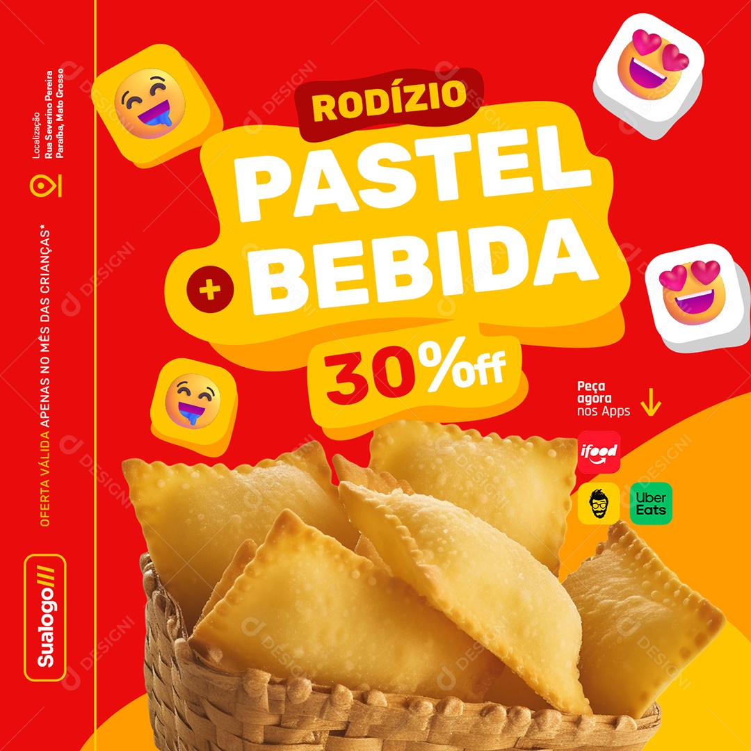 Pastelaria Rodízio Pastel Bebida 30% Off Social Media PSD Editável