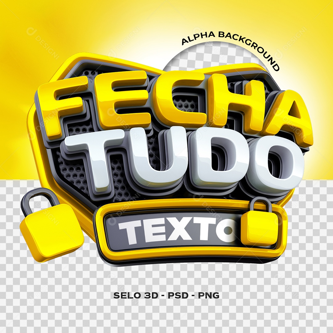 Fecha Tudo Selo 3D Amarelo e Branco para Composição PSD