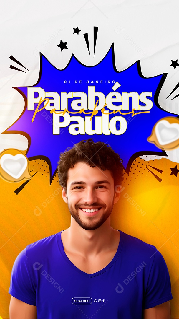 Story Parabéns Paulo 01 de Janeiro Social Media PSD Editável