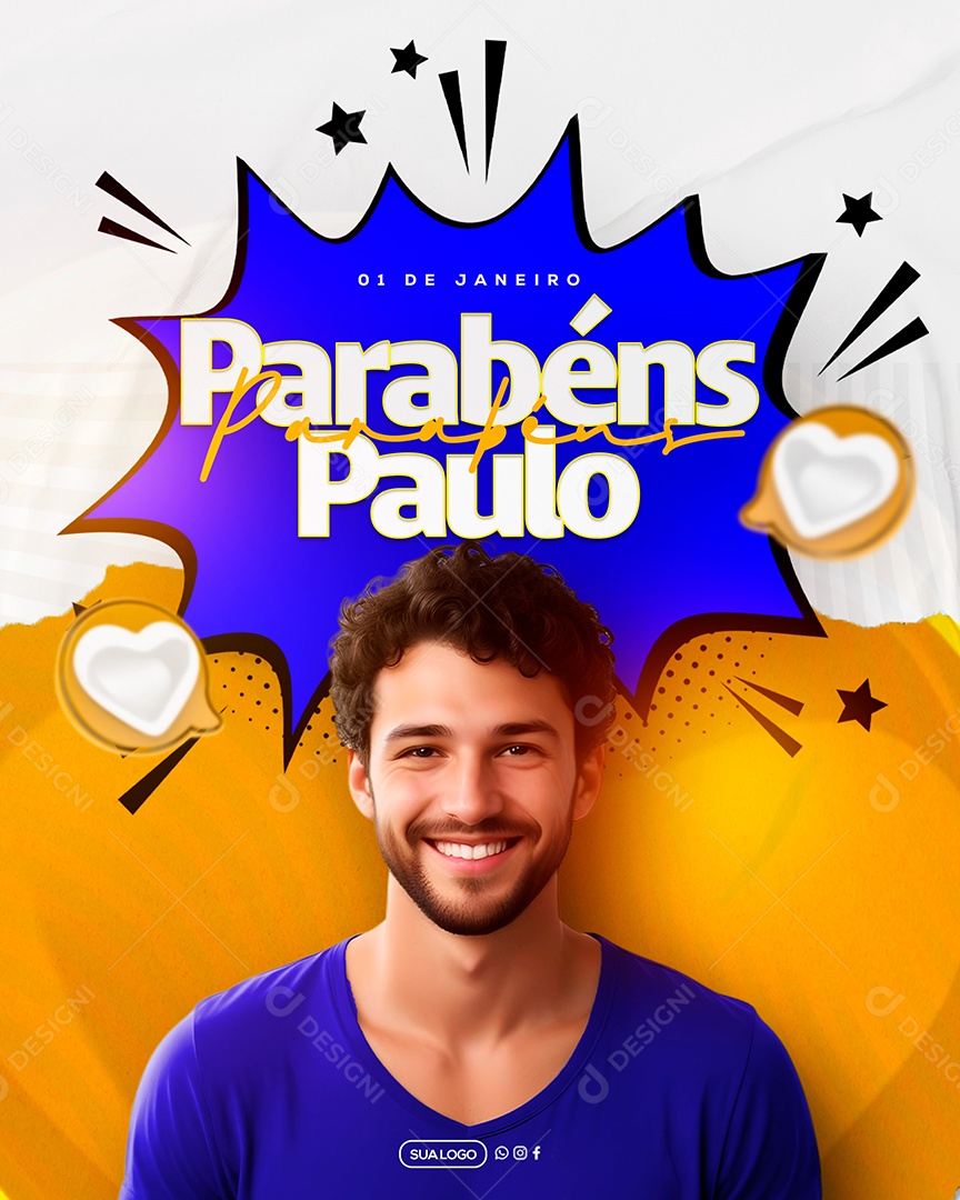 Parabéns Paulo 01 de Janeiro Social Media PSD Editável