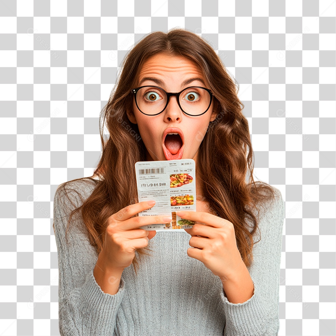 Mulher Mostrando Produtos de Supermercado no Catálogo PNG Transparente