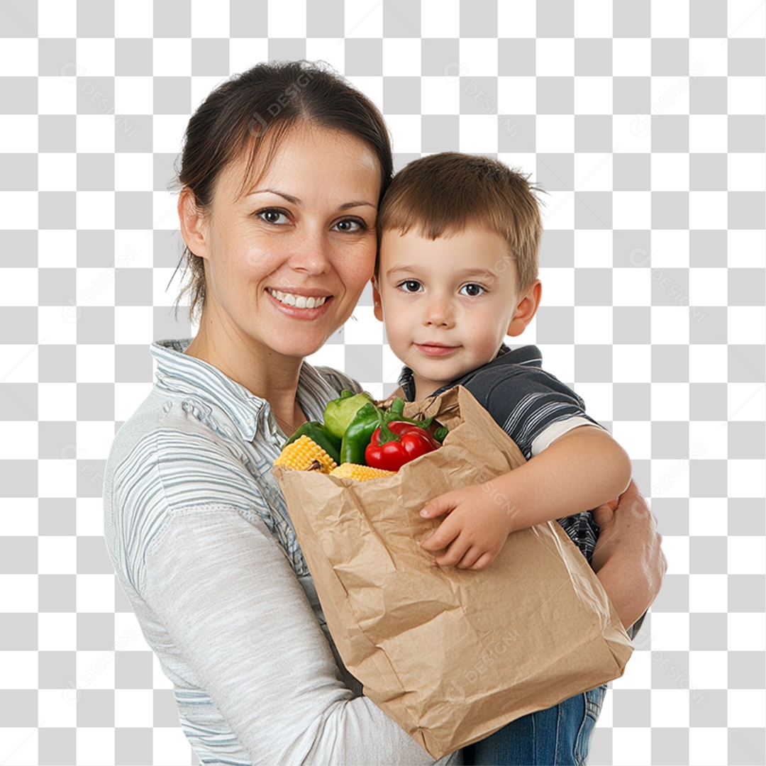 Mãe e Filho com Sacola de Compras PNG Transparente