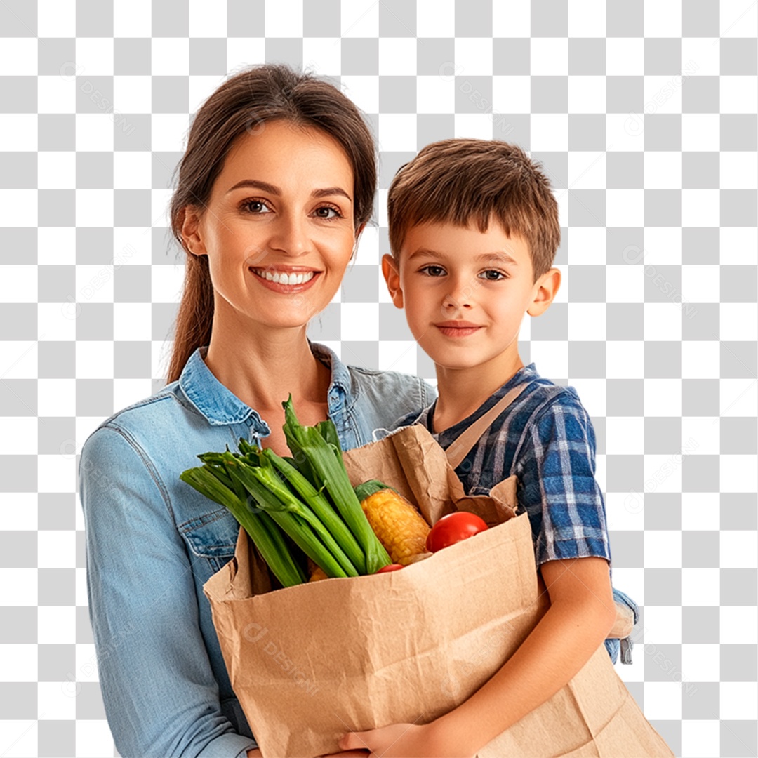 Mulher e Criança com Compras PNG Transparente