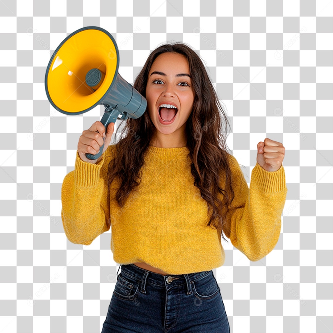 Mulher com Megafone Anunciando pro Supermercado PNG Transparente