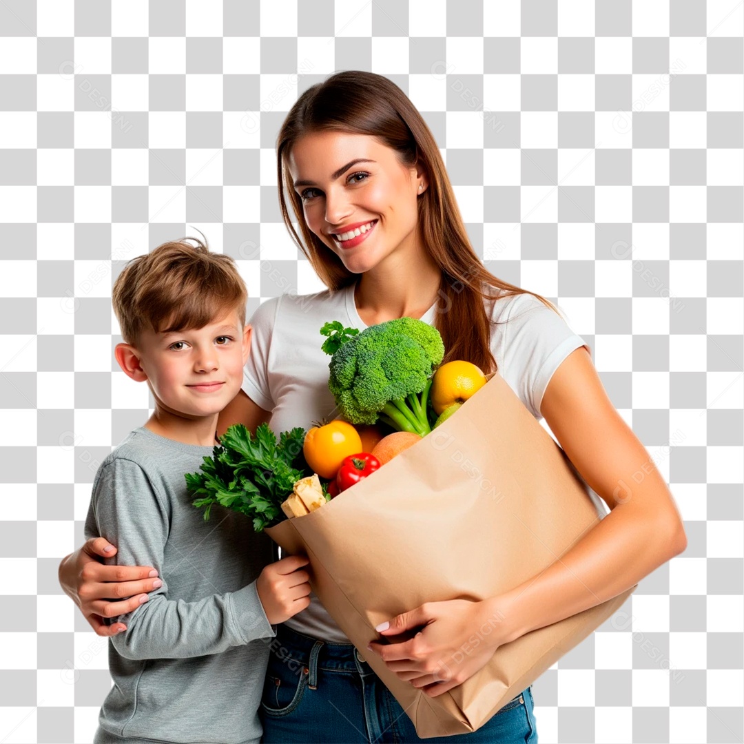 Mulher e Criança com Compras PNG Transparente