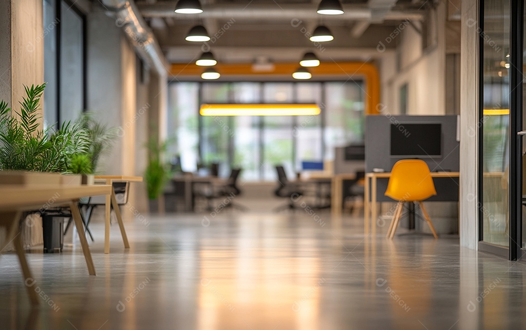 Fundo desfocado de foto do design de interiores de escritório moderno