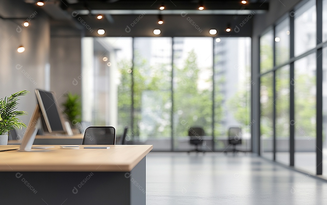 Fundo desfocado de foto do design de interiores de escritório moderno