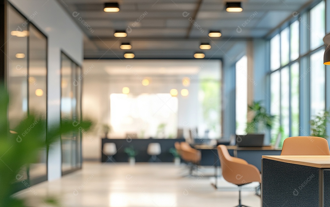 Fundo desfocado de foto do design de interiores de escritório moderno