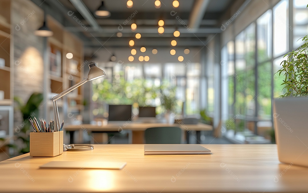 Fundo desfocado de foto do design de interiores de escritório moderno