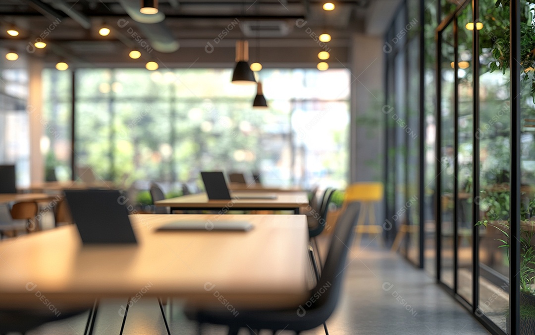 Fundo desfocado de foto do design de interiores de escritório moderno