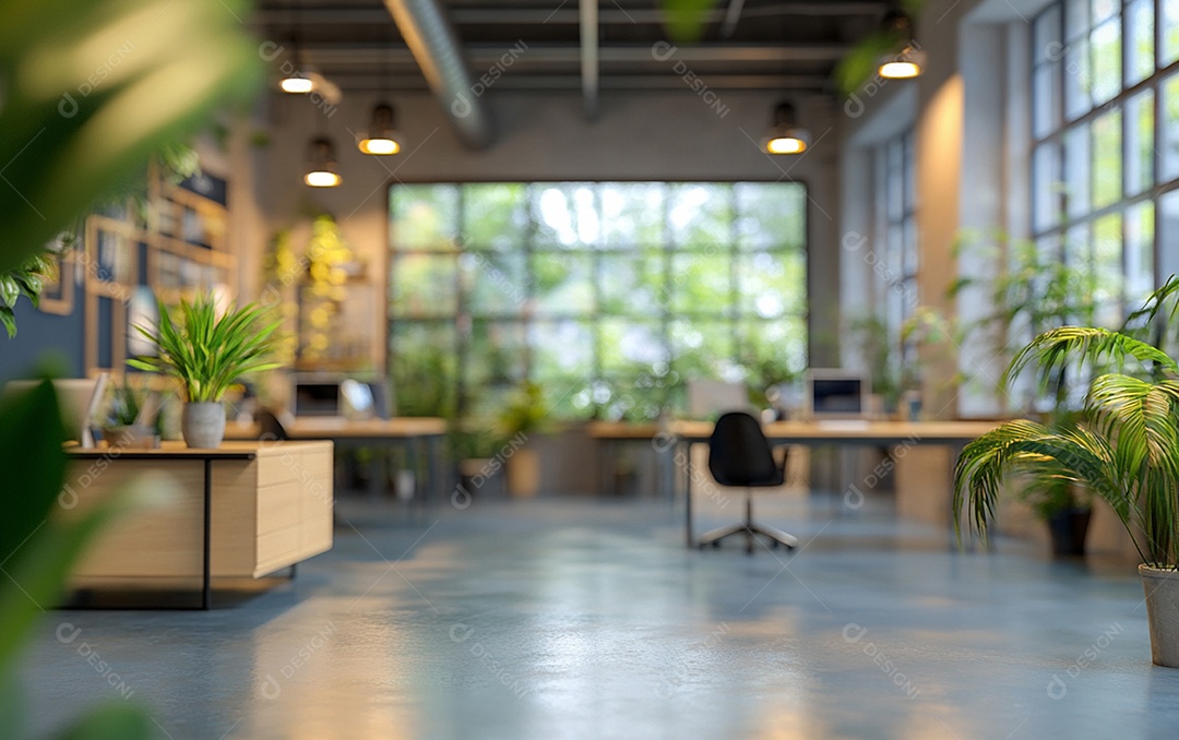 Fundo desfocado de foto do design de interiores de escritório moderno