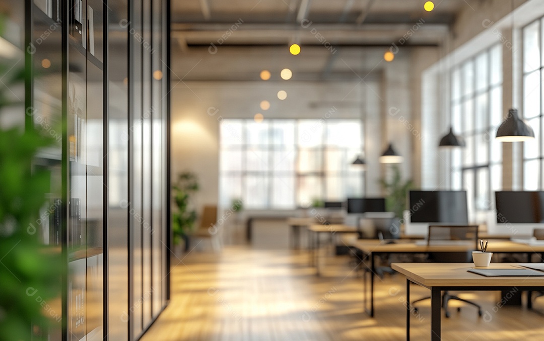 Fundo desfocado de foto do design de interiores de escritório moderno