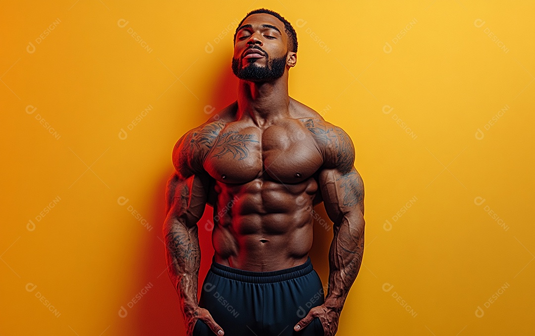 Homem fisiculturista em fundo de cor sólida. conceito de ginásio ou saúde