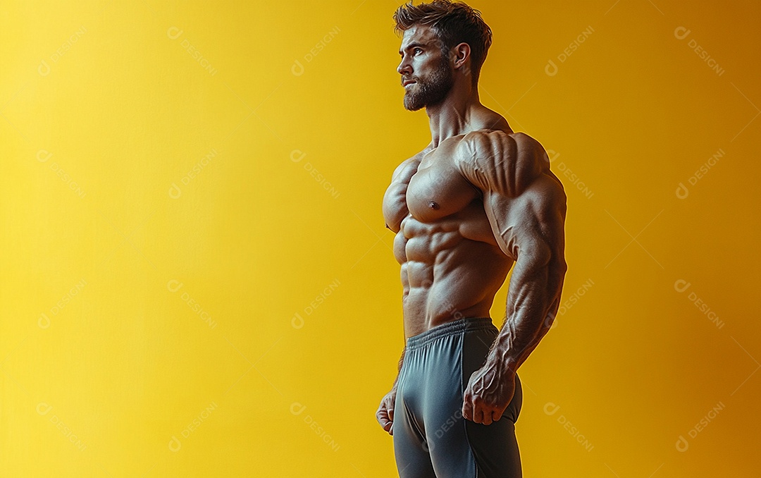 Homem fisiculturista em fundo de cor sólida. conceito de ginásio ou saúde