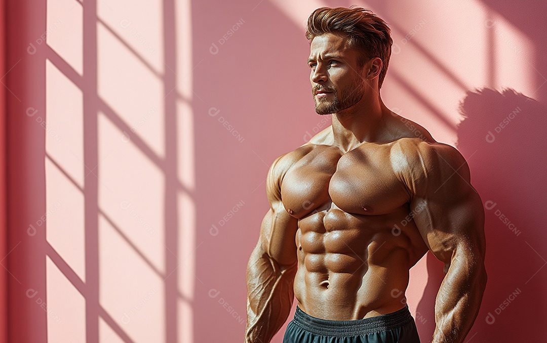 Homem fisiculturista em fundo de cor sólida. conceito de ginásio ou saúde