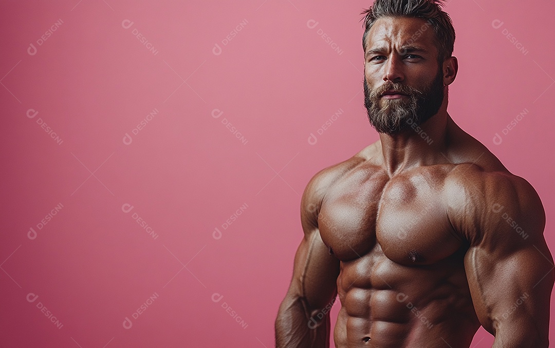 Homem fisiculturista em fundo de cor sólida. conceito de ginásio ou saúde