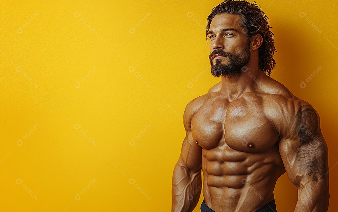 Homem fisiculturista em fundo de cor sólida. conceito de ginásio ou saúde