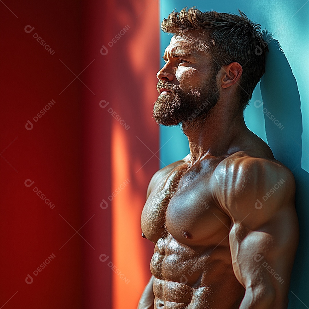 Homem fisiculturista em fundo de cor sólida. conceito de ginásio ou saúde