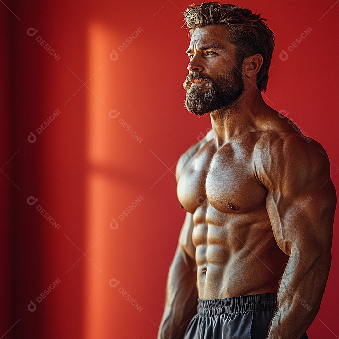 Homem fisiculturista em fundo de cor sólida. conceito de ginásio ou saúde