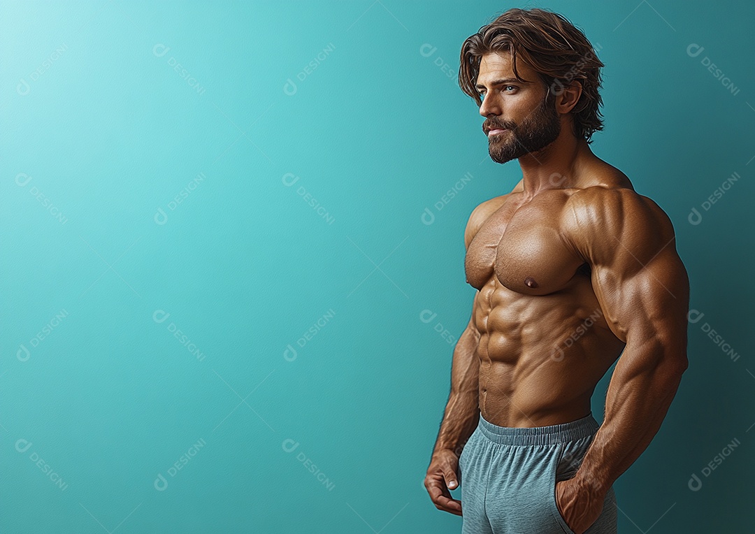 Homem fisiculturista em fundo de cor sólida. conceito de ginásio ou saúde