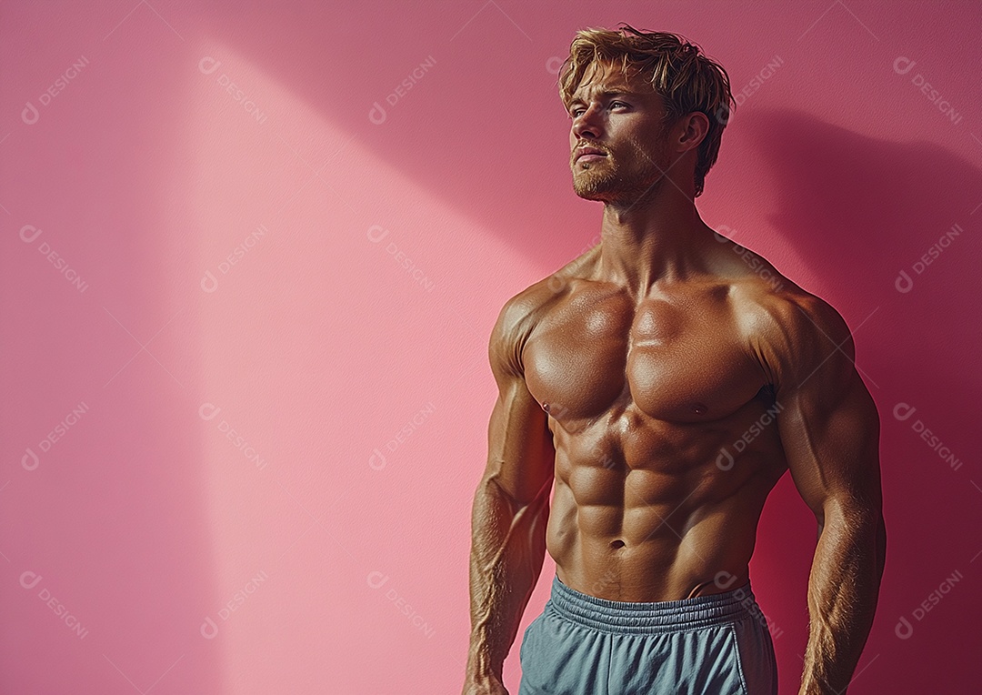 Homem fisiculturista em fundo de cor sólida. conceito de ginásio ou saúde