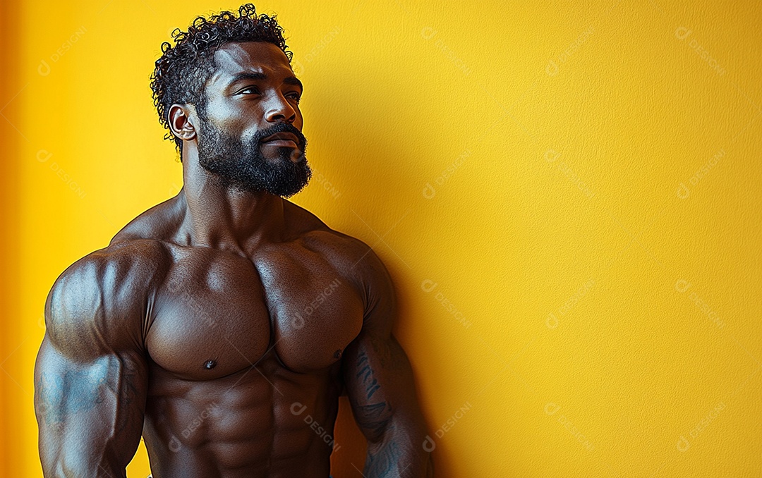 Homem fisiculturista em fundo de cor sólida. conceito de ginásio ou saúde