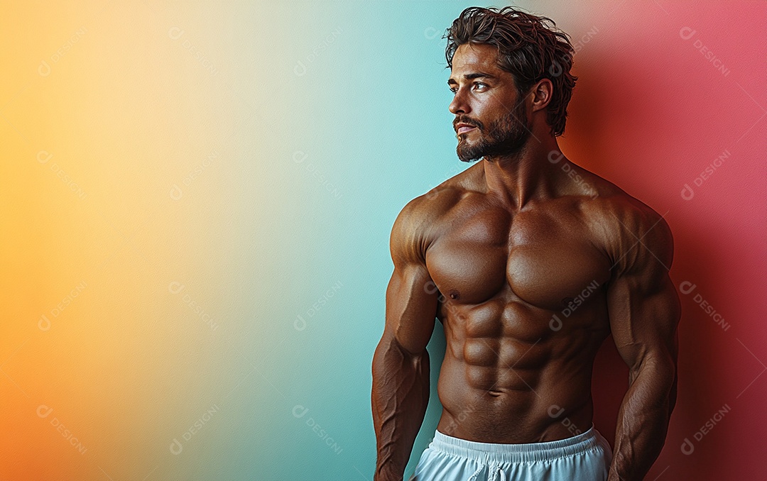 Homem fisiculturista em fundo de cor sólida. conceito de ginásio ou saúde