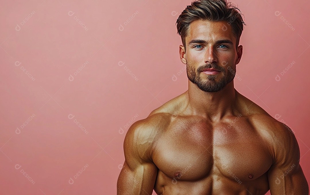 Homem fisiculturista em fundo de cor sólida. conceito de ginásio ou saúde