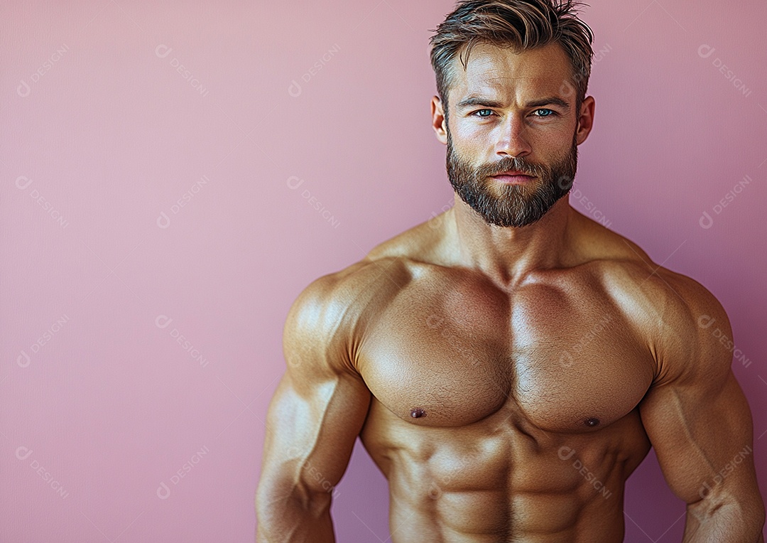 Homem fisiculturista em fundo de cor sólida. conceito de ginásio ou saúde